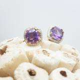 2.40 Carat (ctw) 10K Yellow Gold Cushion Cut Amethyst & Round Cut White Diamond Ladies Halo Style Stud Earrings