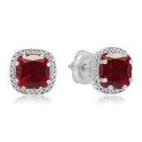 2.40 Carat (ctw) 10K White Gold Cushion Cut Ruby & Round Cut White Diamond Ladies Halo Style Stud Earrings