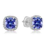 2.40 Carat (ctw) 10K White Gold Cushion Cut Tanzanite & Round Cut White Diamond Ladies Halo Style Stud Earrings