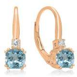 1.05 Carat (ctw) 10K Rose Gold Cushion Cut Aquamarine & Round Cut White Diamond Ladies Dangling Drop Earrings 1 CT