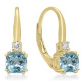 1.05 Carat (ctw) 10K Yellow Gold Cushion Cut Aquamarine & Round Cut White Diamond Ladies Dangling Drop Earrings 1 CT