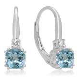 1.05 Carat (ctw) 14K White Gold Cushion Cut Aquamarine & Round Cut White Diamond Ladies Dangling Drop Earrings 1 CT