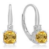1.05 Carat (ctw) 10K White Gold Cushion Cut Citrine & Round Cut White Diamond Ladies Dangling Drop Earrings 1 CT