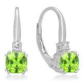 1.05 Carat (ctw) 10K White Gold Cushion Cut Peridot & Round Cut White Diamond Ladies Dangling Drop Earrings 1 CT