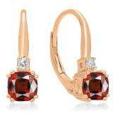 1.05 Carat (ctw) 10K Rose Gold Cushion Cut Garnet & Round Cut White Diamond Ladies Dangling Drop Earrings 1 CT