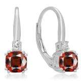 1.05 Carat (ctw) 10K White Gold Cushion Cut Garnet & Round Cut White Diamond Ladies Dangling Drop Earrings 1 CT