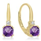 1.05 Carat (ctw) 10K Yellow Gold Cushion Cut Amethyst & Round Cut White Diamond Ladies Dangling Drop Earrings 1 CT