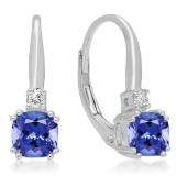1.05 Carat (ctw) 10K White Gold Cushion Cut Tanzanite & Round Cut White Diamond Ladies Dangling Drop Earrings 1 CT