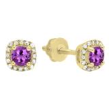 0.45 Carat (ctw) 10K Yellow Gold Round Cut Amethyst & White Diamond Ladies Halo Style Stud Earrings 1/2 CT