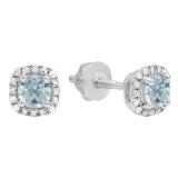 0.45 Carat (ctw) 10K White Gold Round Cut Aquamarine & White Diamond Ladies Halo Style Stud Earrings 1/2 CT