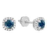 0.45 Carat (ctw) 10K White Gold Round Cut Blue & White Diamond Ladies Halo Style Stud Earrings 1/2 CT
