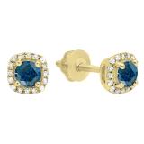 0.45 Carat (ctw) 10K Yellow Gold Round Cut Blue & White Diamond Ladies Halo Style Stud Earrings 1/2 CT