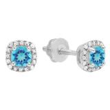 0.45 Carat (ctw) 10K White Gold Round Cut Blue Topaz & White Diamond Ladies Halo Style Stud Earrings 1/2 CT