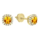 0.45 Carat (ctw) 10K Yellow Gold Round Cut Citrine & White Diamond Ladies Halo Style Stud Earrings 1/2 CT