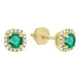 0.45 Carat (ctw) 10K Yellow Gold Round Cut Emerald & White Diamond Ladies Halo Style Stud Earrings 1/2 CT