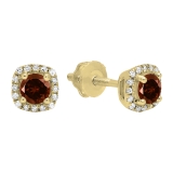 0.45 Carat (ctw) 10K Yellow Gold Round Cut Garnet & White Diamond Ladies Halo Style Stud Earrings 1/2 CT