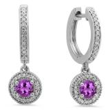 0.70 Carat (ctw) 10K White Gold Round Amethyst & White Diamond Ladies Halo Style Dangling Drop Earrings 3/4 CT