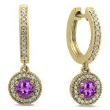 0.70 Carat (ctw) 10K Yellow Gold Round Amethyst & White Diamond Ladies Halo Style Dangling Drop Earrings 3/4 CT