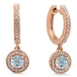 0.70 Carat (ctw) 10K Rose Gold Round Aquamarine & White Diamond Ladies Halo Style Dangling Drop Earrings 3/4 CT