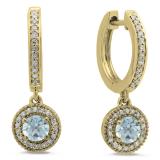 0.70 Carat (ctw) 10K Yellow Gold Round Aquamarine & White Diamond Ladies Halo Style Dangling Drop Earrings 3/4 CT