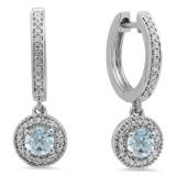 0.70 Carat (ctw) 14K White Gold Round Aquamarine & White Diamond Ladies Halo Style Dangling Drop Earrings 3/4 CT