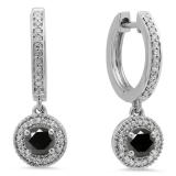 0.70 Carat (ctw) 10K White Gold Round Black & White Diamond Ladies Halo Style Dangling Drop Earrings 3/4 CT