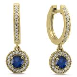 0.70 Carat (ctw) 10K Yellow Gold Round Blue Sapphire & White Diamond Ladies Halo Style Dangling Drop Earrings 3/4 CT