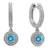0.70 Carat (ctw) 10K White Gold Round Blue Topaz & White Diamond Ladies Halo Style Dangling Drop Earrings 3/4 CT
