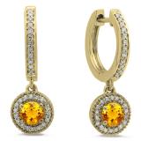 0.70 Carat (ctw) 10K Yellow Gold Round Citrine & White Diamond Ladies Halo Style Dangling Drop Earrings 3/4 CT