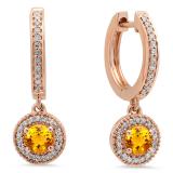 0.70 Carat (ctw) 18K Rose Gold Round Citrine & White Diamond Ladies Halo Style Dangling Drop Earrings 3/4 CT