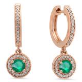 0.70 Carat (ctw) 10K Rose Gold Round Emerald & White Diamond Ladies Halo Style Dangling Drop Earrings 3/4 CT