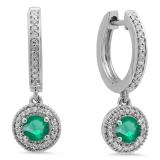 0.70 Carat (ctw) 10K White Gold Round Emerald & White Diamond Ladies Halo Style Dangling Drop Earrings 3/4 CT