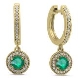 0.70 Carat (ctw) 10K Yellow Gold Round Emerald & White Diamond Ladies Halo Style Dangling Drop Earrings 3/4 CT