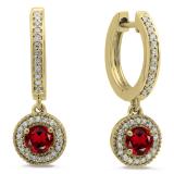 0.70 Carat (ctw) 10K Yellow Gold Round Garnet & White Diamond Ladies Halo Style Dangling Drop Earrings 3/4 CT