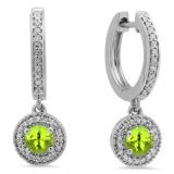 0.70 Carat (ctw) 10K White Gold Round Peridot & White Diamond Ladies Halo Style Dangling Drop Earrings 3/4 CT