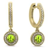 0.70 Carat (ctw) 10K Yellow Gold Round Peridot & White Diamond Ladies Halo Style Dangling Drop Earrings 3/4 CT