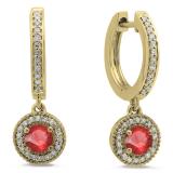 0.70 Carat (ctw) 10K Yellow Gold Round Ruby & White Diamond Ladies Halo Style Dangling Drop Earrings 3/4 CT