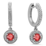 0.70 Carat (ctw) 18K White Gold Round Ruby & White Diamond Ladies Halo Style Dangling Drop Earrings 3/4 CT