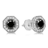 1.50 Carat (ctw) 10K White Gold Round Cut Black & White Diamond Ladies Halo Style Stud Earrings 1 1/2 CT