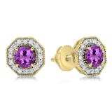 1.50 Carat (ctw) 10K Yellow Gold Round Cut Amethyst & White Diamond Ladies Halo Style Stud Earrings 1 1/2 CT
