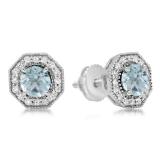 1.50 Carat (ctw) 10K White Gold Round Cut Aquamarine & White Diamond Ladies Halo Style Stud Earrings 1 1/2 CT