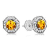 1.50 Carat (ctw) 14K White Gold Round Cut Citrine & White Diamond Ladies Halo Style Stud Earrings 1 1/2 CT