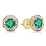 1.50 Carat (ctw) 10K Yellow Gold Round Cut Emerald & White Diamond Ladies Halo Style Stud Earrings 1 1/2 CT