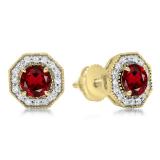 1.50 Carat (ctw) 10K Yellow Gold Round Cut Garnet & White Diamond Ladies Halo Style Stud Earrings 1 1/2 CT