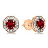 1.50 Carat (ctw) 14K Rose Gold Round Cut Garnet & White Diamond Ladies Halo Style Stud Earrings 1 1/2 CT