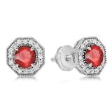 1.50 Carat (ctw) 14K White Gold Round Cut Ruby & White Diamond Ladies Halo Style Stud Earrings 1 1/2 CT