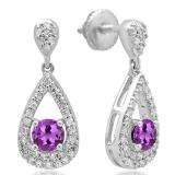 1.50 Carat (ctw) 10K White Gold Round Cut Amethyst & White Diamond Ladies Dangling Drop Earrings 1 1/2 CT