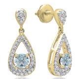 1.50 Carat (ctw) 10K Yellow Gold Round Cut Aquamarine & White Diamond Ladies Dangling Drop Earrings 1 1/2 CT