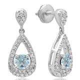 1.50 Carat (ctw) 14K White Gold Round Cut Aquamarine & White Diamond Ladies Dangling Drop Earrings 1 1/2 CT