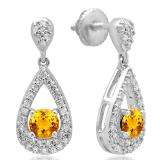 1.50 Carat (ctw) 10K White Gold Round Cut Citrine & White Diamond Ladies Dangling Drop Earrings 1 1/2 CT